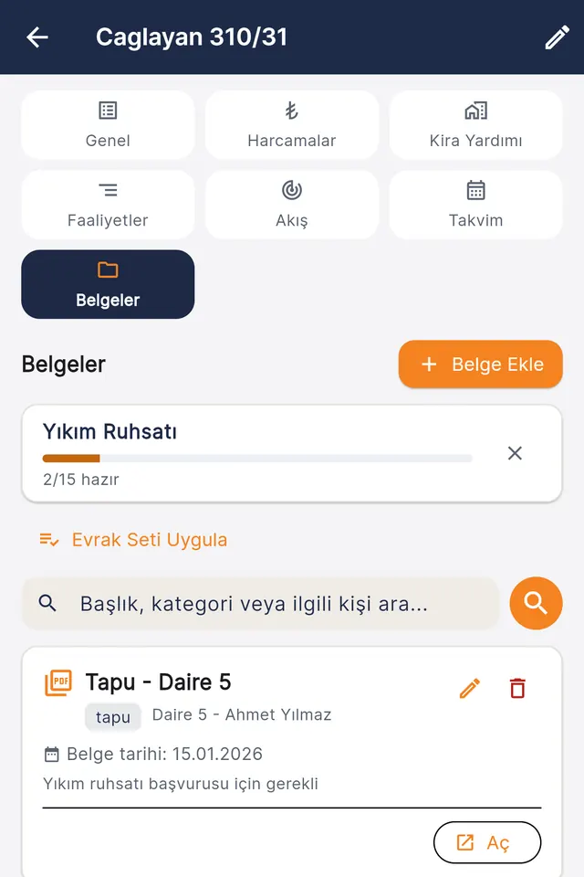 Belgeler ekranı: yıkım ruhsatı evrak seti ilerlemesi, tapu ve imar durumu belgeleri (demo veri)