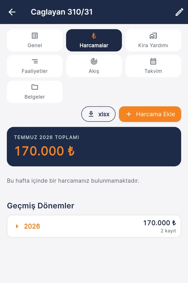 Harcamalar ekranı: aylık toplam, geçmiş dönemler, harcama ekle ve xlsx düğmeleri (demo veri)